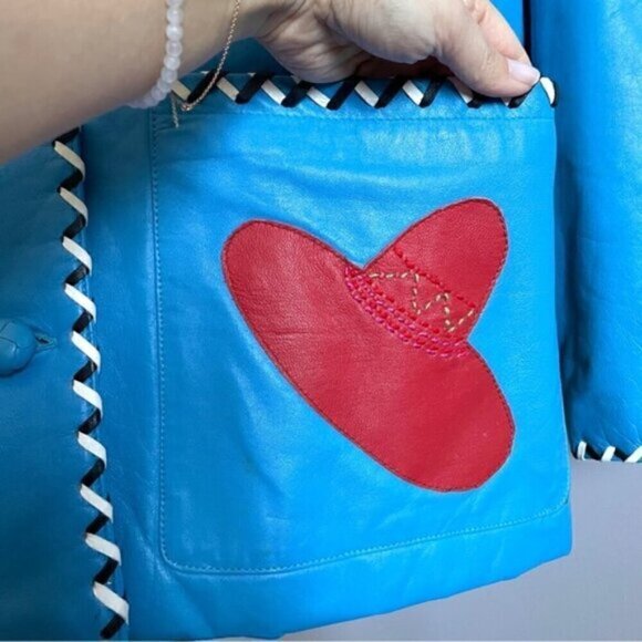Vintage 80s Hannah Pang Blue Patchwork Leather Southwestern Jacket - M/L - Picture 6 of 14